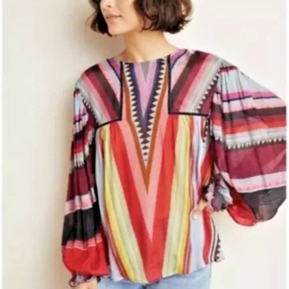 Anthropologie Bl^nk London Miranda Blouse Peasant Boho Colorful Stripe Sz XS